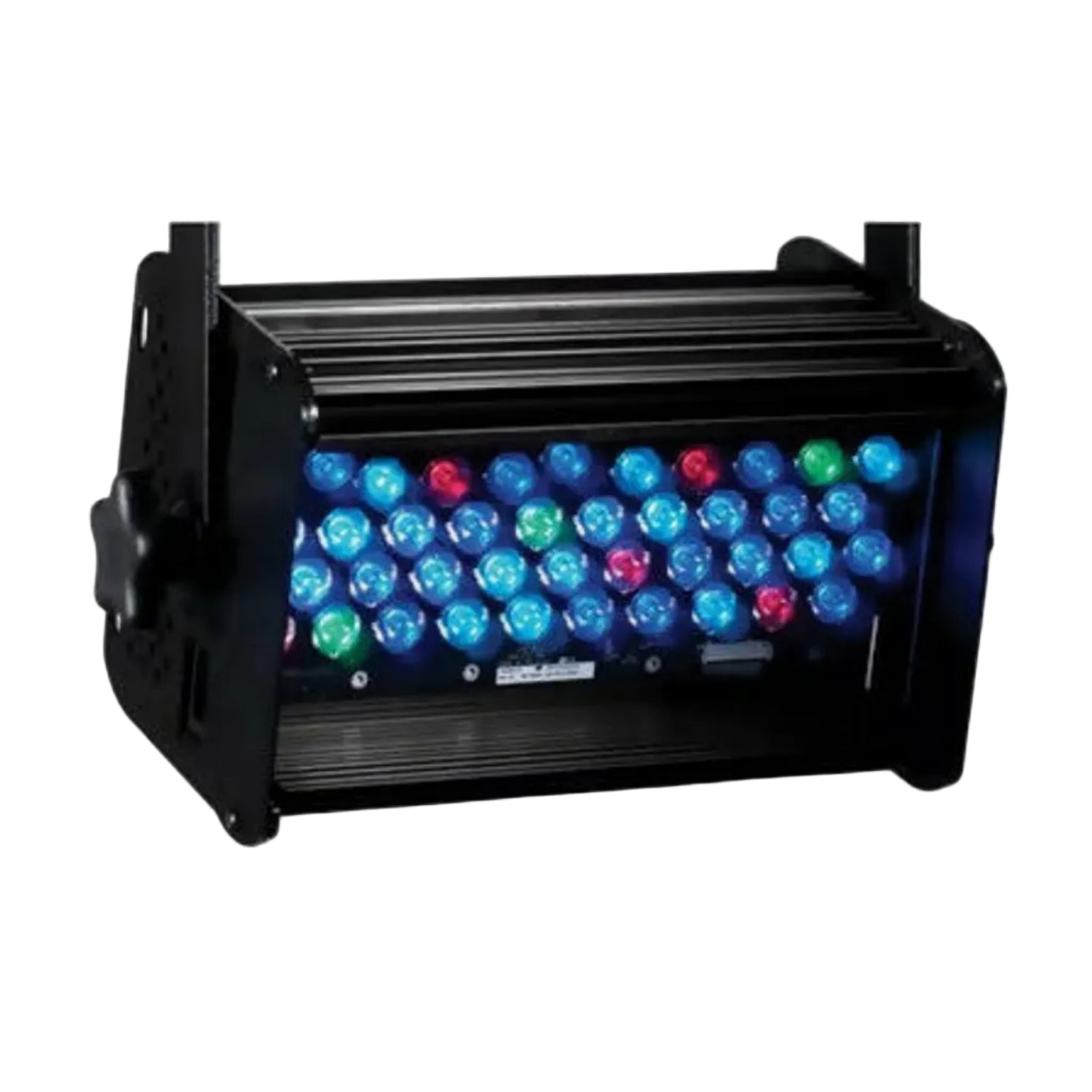 LED light fixture with multicolored bulbs on a white background