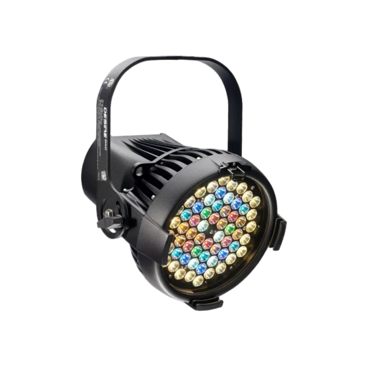Black LED light fixture with colorful LEDs on a white background
