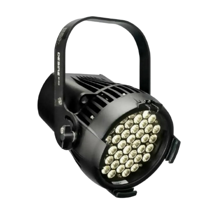 Black LED spotlight with visible brand name on a white background