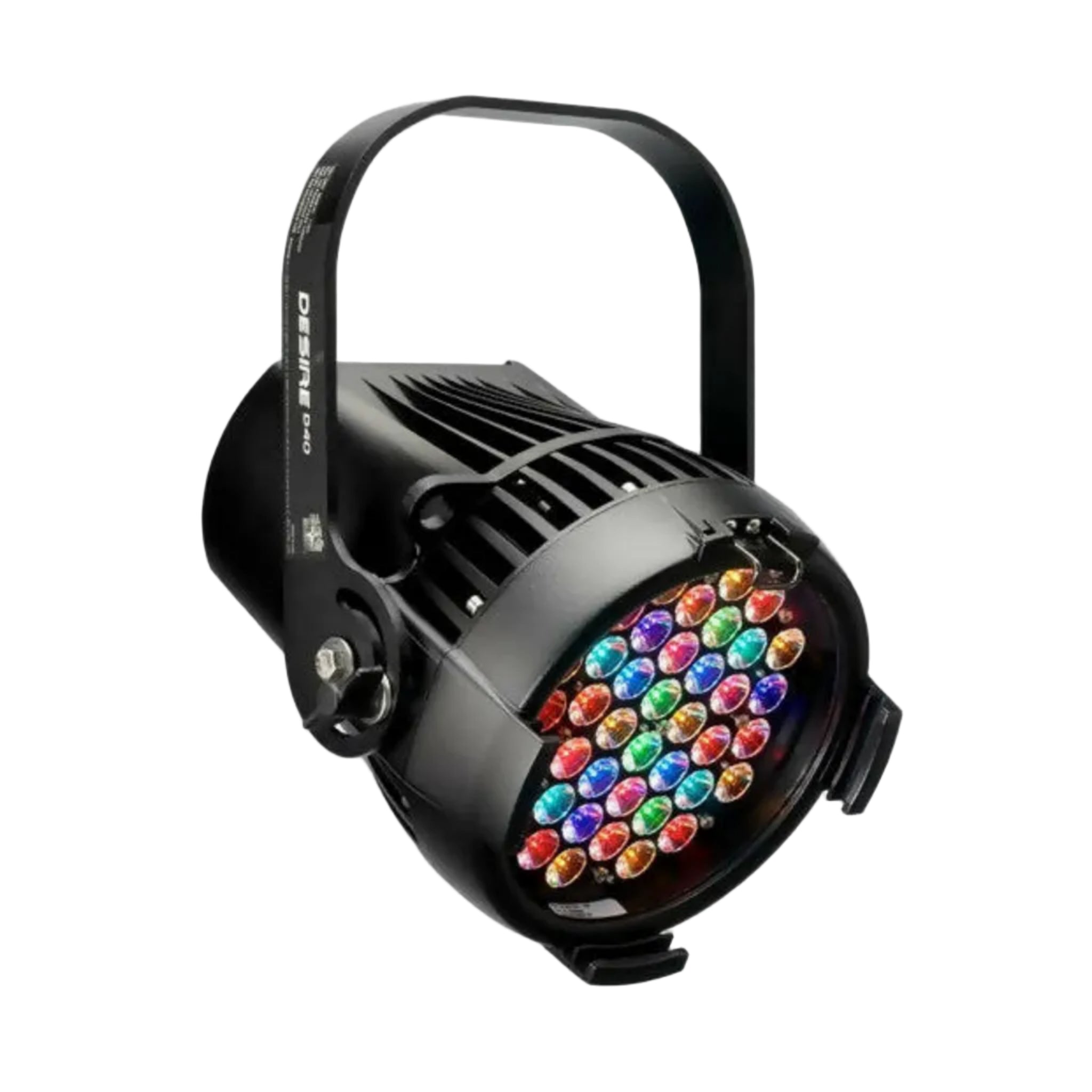 Black LED light fixture with colorful LEDs on a white background
