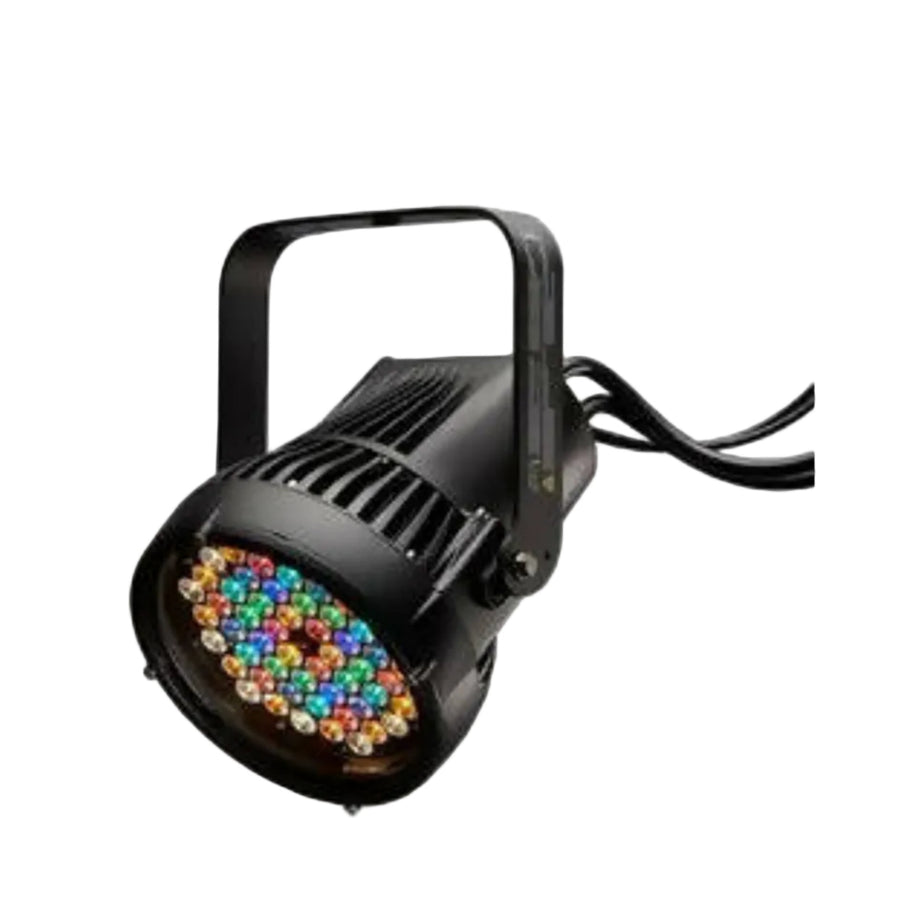 Black LED light fixture with colorful LEDs on a white background